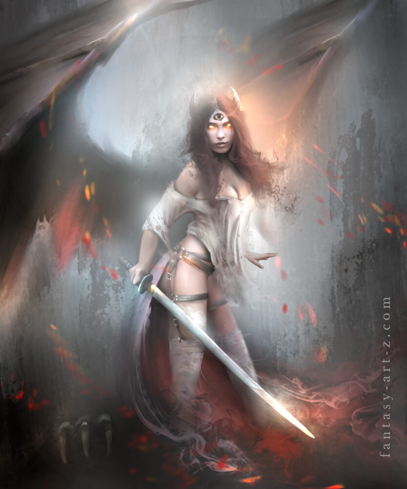 Fantasy valkyrie art - mysterious figure with third eye and glowing sword in smoky cave with red embers and atmospheric lighting