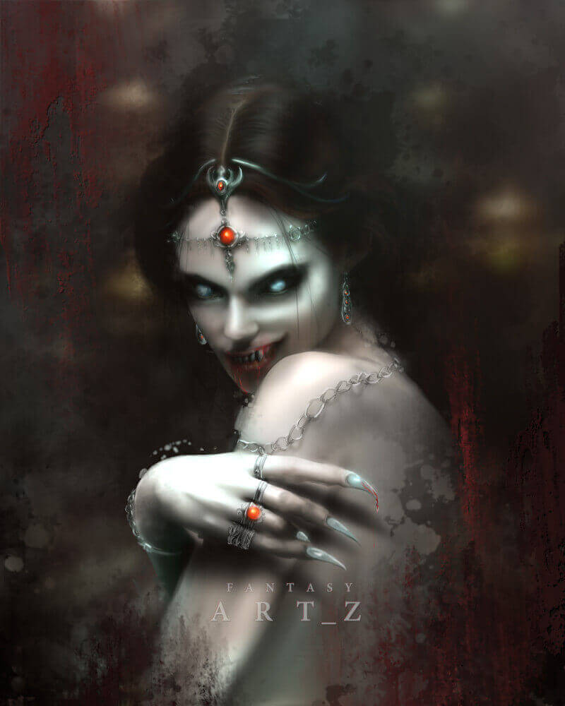Dark fantasy vampire queen with glowing blue eyes, ornate jewelry, and bloody fangs in gothic horror style
