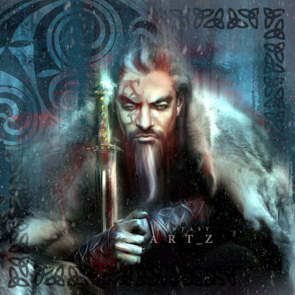 Fantasy digital art illustration featuring fierce bearded viking warrior with fur cloak holding ornate sword amid Celtic knot patterns and mystical atmosphere