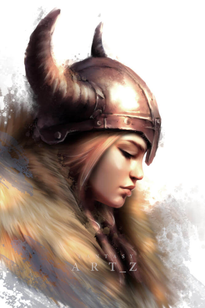 Fantasy Viking warrior woman with horned helmet and blonde hair in ethereal light digital art painting
