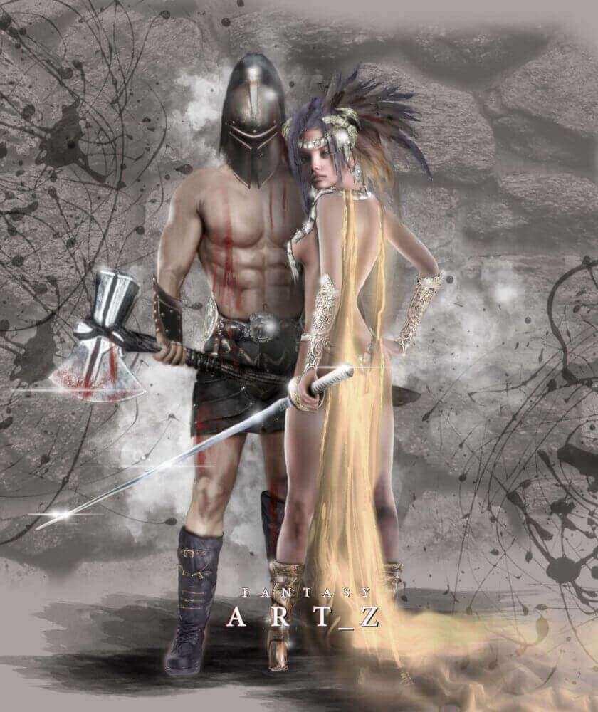 Fantasy warrior couple with armored male fighter holding sword and elegant blonde woman in golden dress with feathered headdress
