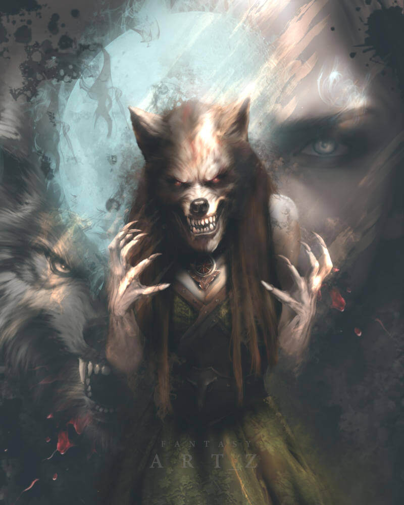 Fantasy artwork of a female werewolf in transformation process