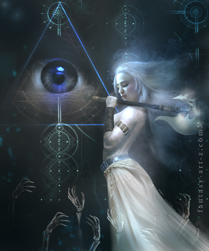 Fantasy digital art of a white haired warrior woman wielding a staff surrounded by sacred geometry symbols and an all seeing eye triangle while skeleton hands reach up from below in a dark mystical setting