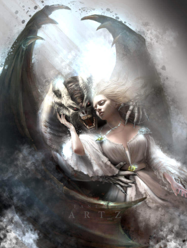Fantasy art-print poster of blonde woman in white dress kept in embrace by winged demon