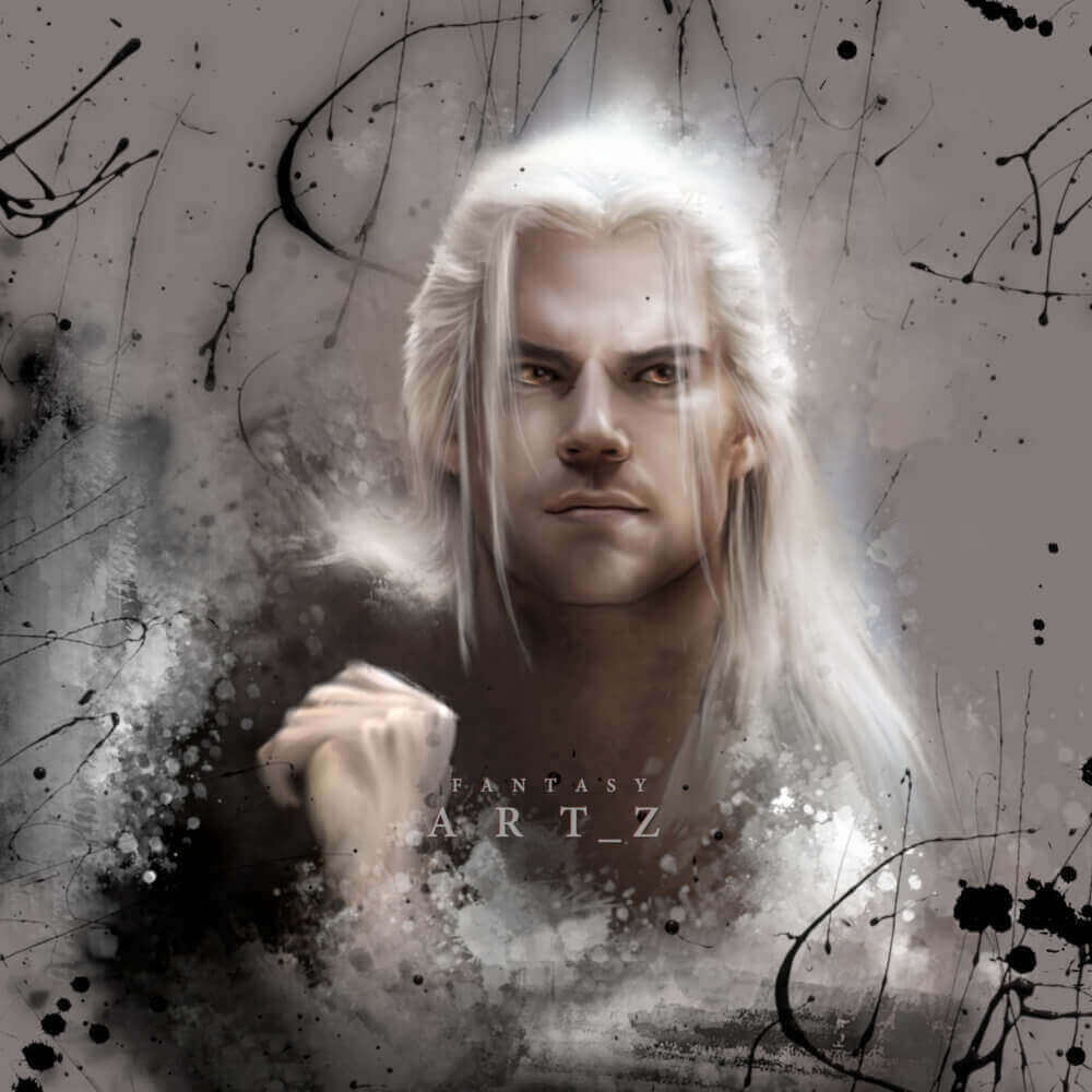 Fantasy male warrior with long white hair and intense eyes in abstract grunge art style with paint splatters