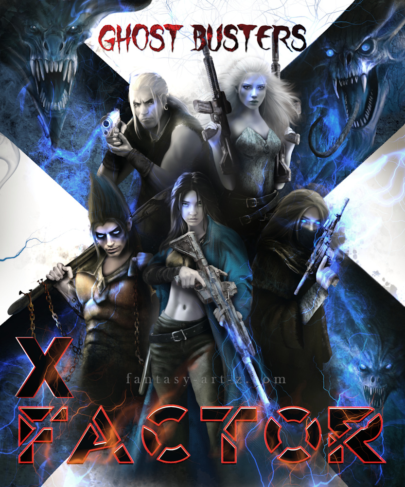 Fantasy art poster titled 'Ghost Busters X Factor' featuring a team of five armed warriors in tactical gear with demons on a blue background