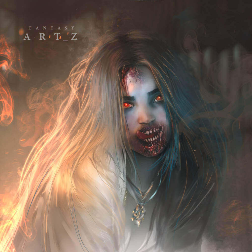 Dark fantasy art of vampire woman with glowing red eyes, fangs, and blonde hair holding flame in gothic horror style