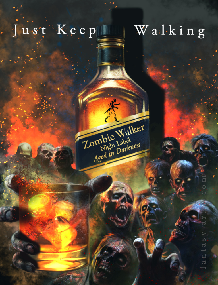 Parody art reimagining of a famous spirit a glowing bottle of Zombie Walker whiskey being swarmed by zombies amidst smoke and embers.