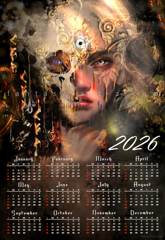 2026 fantasy calendar with surreal split-face portrait featuring ornate golden details and mystical eye