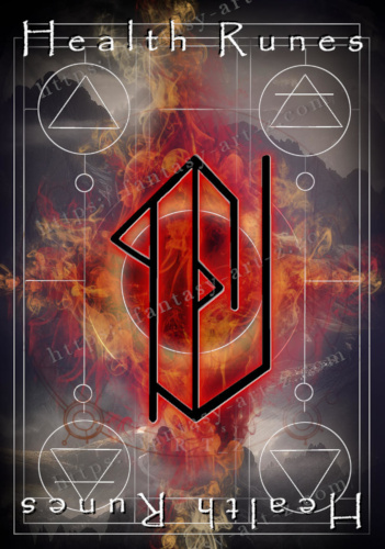 Health Rune Dragons Power - printable free digital download  of a fantasy-style health rune design in red and gold tones evoking dragon strength and fire energy