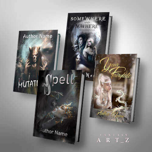 Five fantasy book covers displayed at angles showing dark and romantic fantasy themes with various character portraits