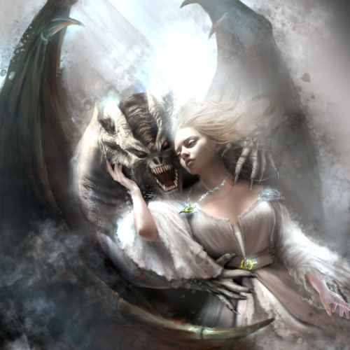 Ethereal angel with white wings sitting on rocky outcrop in soft, painterly style with muted tones