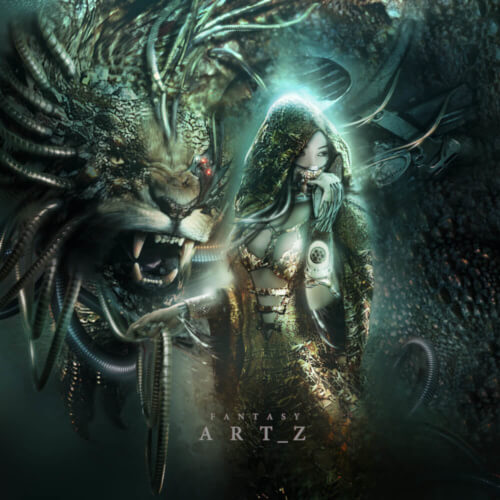 Dark fantasy art of hooded female figure with mechanical tentacled creature in green-tinted underwater or cave setting