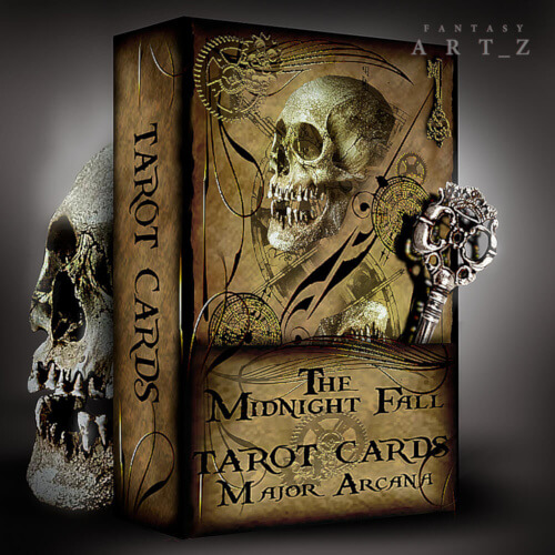 Tarot card box set titled 'The Midnight Fall Tarot Cards Major Arcana' with gothic skull artwork, featuring a decorative skull key and weathered skull prop beside the ornate golden-brown packaging.