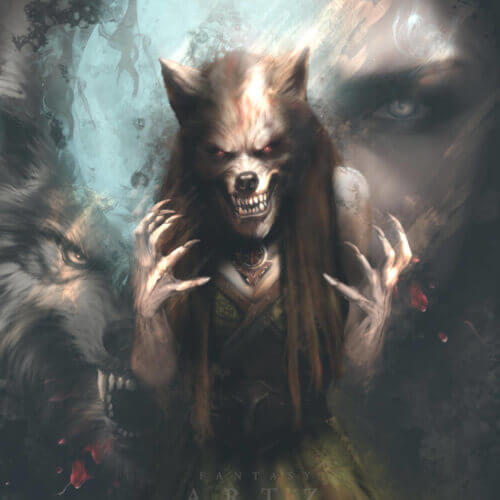 werewolf in full moon, fantasy illustration