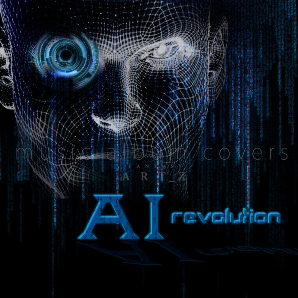 AI Revolution album cover featuring digital wireframe face with glowing blue cyber eye and matrix code background
