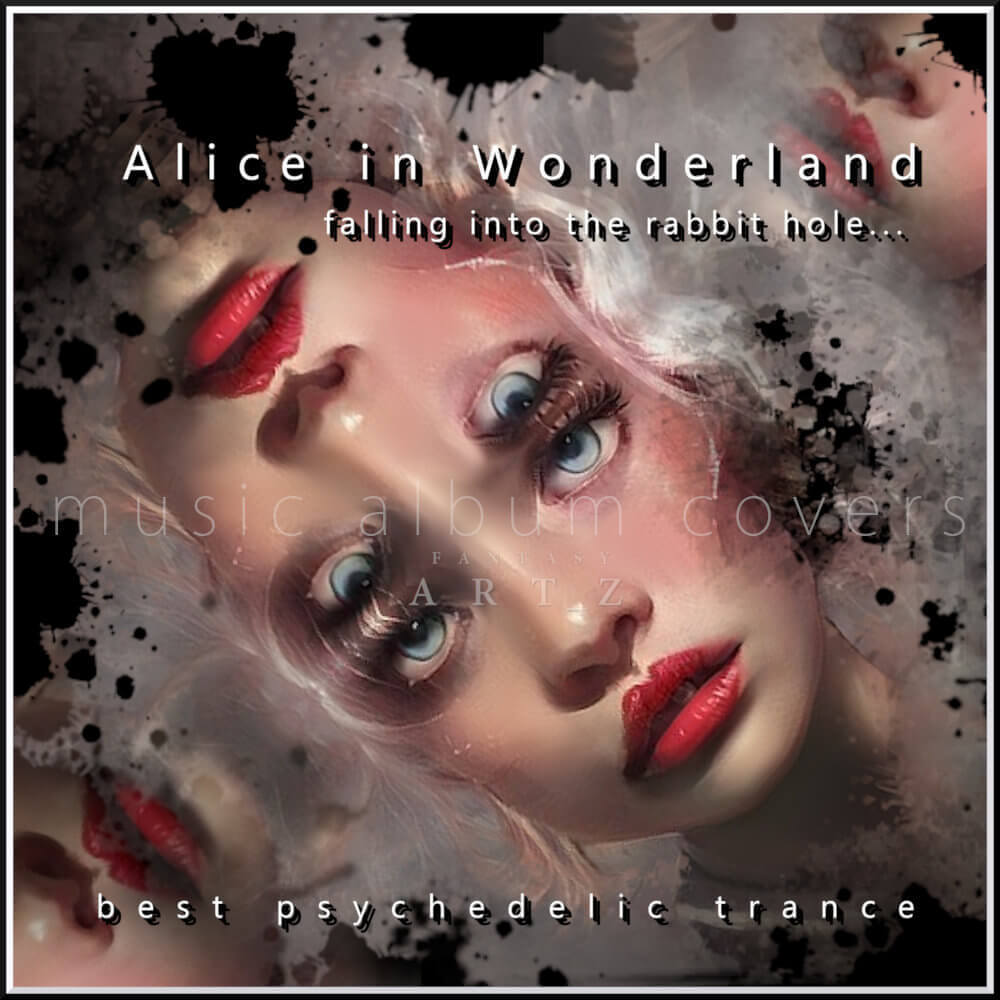 Psychedelic trance music album art showing distorted Alice with extra eyes and falling into rabbit hole theme