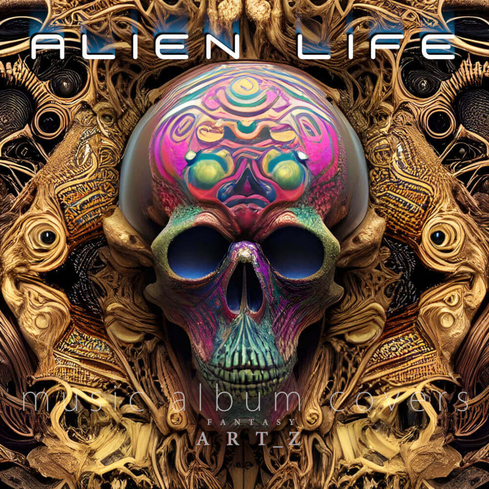 Psychedelic death metal album cover showing decorative skull with holographic effects and elaborate gold pattern