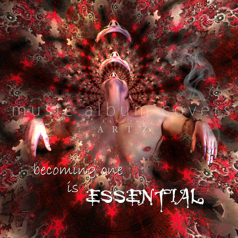 Spiritual electronic album cover with meditating figure and intense red psychedelic background patterns