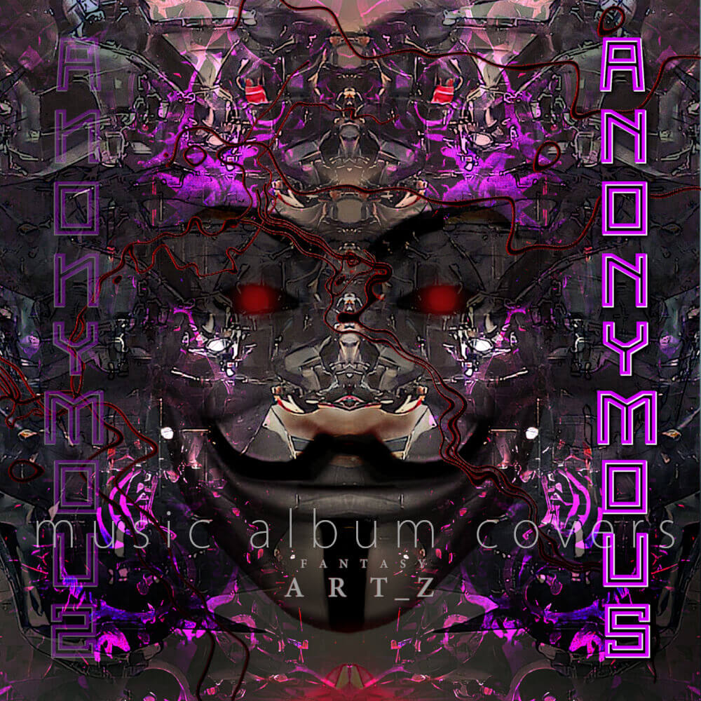 Anonymous cyberpunk album cover showing robotic face with neon purple accents and dystopian styling