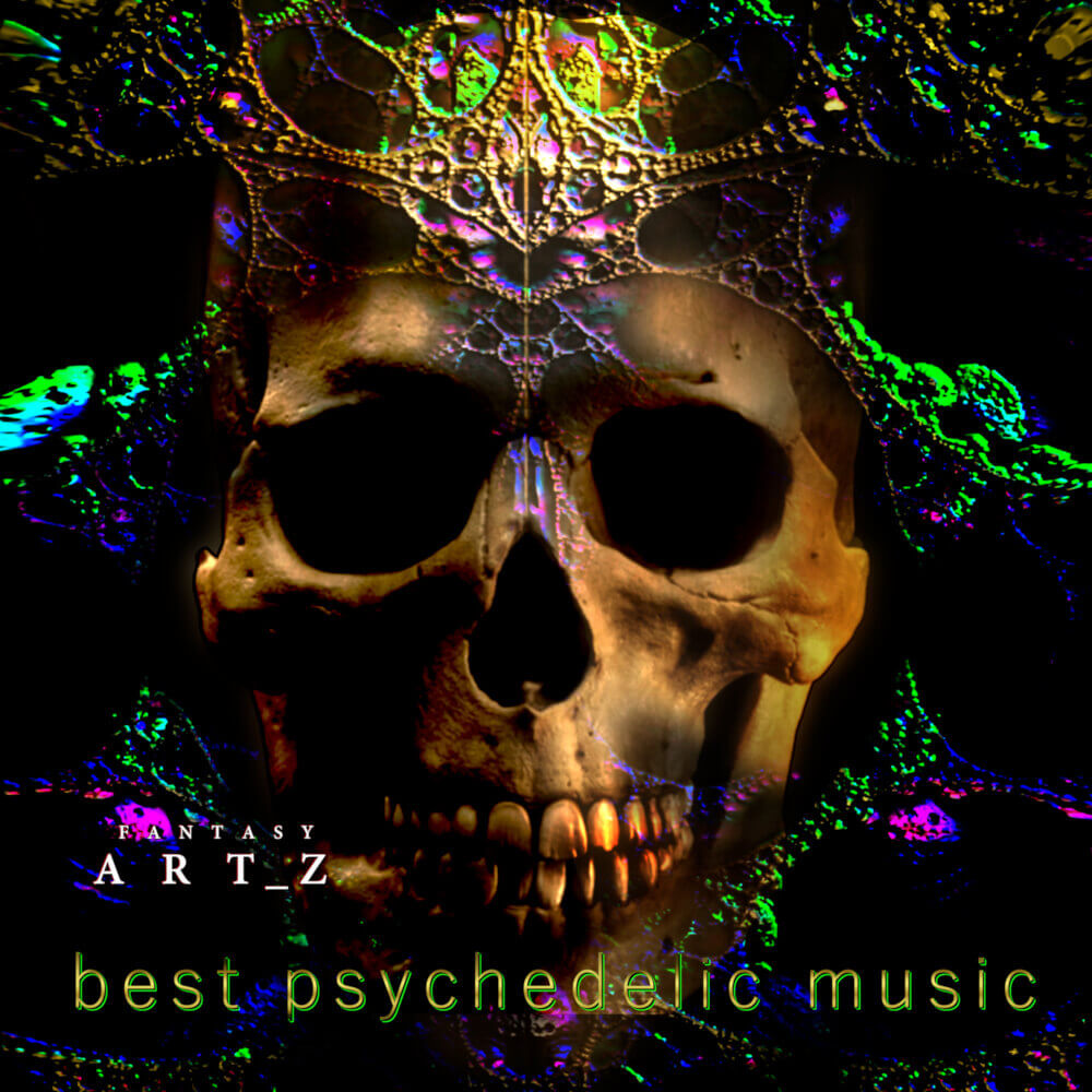 Psychedelic skull album cover art with neon colors, ornate crown decoration, and trippy visual effects for electronic music