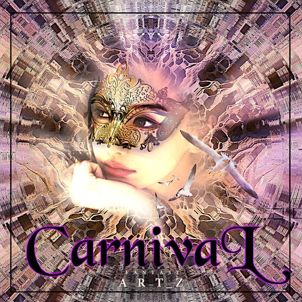Premade music album cover design 'Carnival' featuring woman in ornate masquerade mask with flying birds, purple and gold kaleidoscope effects