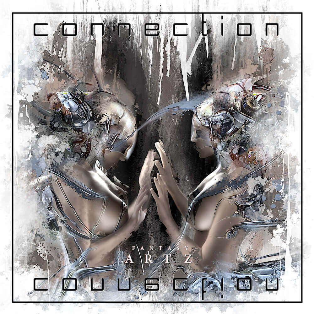 Abstract album cover featuring two connected cyborg figures in metallic armor with technological elements, titled Connection