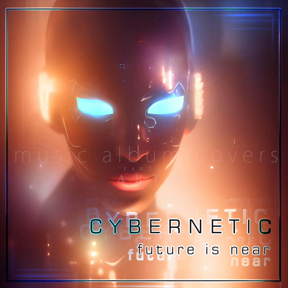 Futuristic electronic music album art with cybernetic human face and neon blue eye implants
