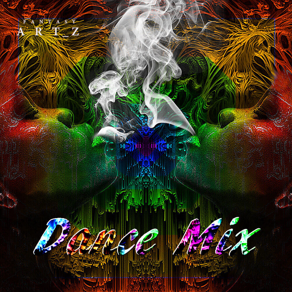 Premade music album cover design 'Dance Mix' featuring psychedelic kaleidoscope patterns, vibrant rainbow colors, smoke effects, and symmetrical digital art