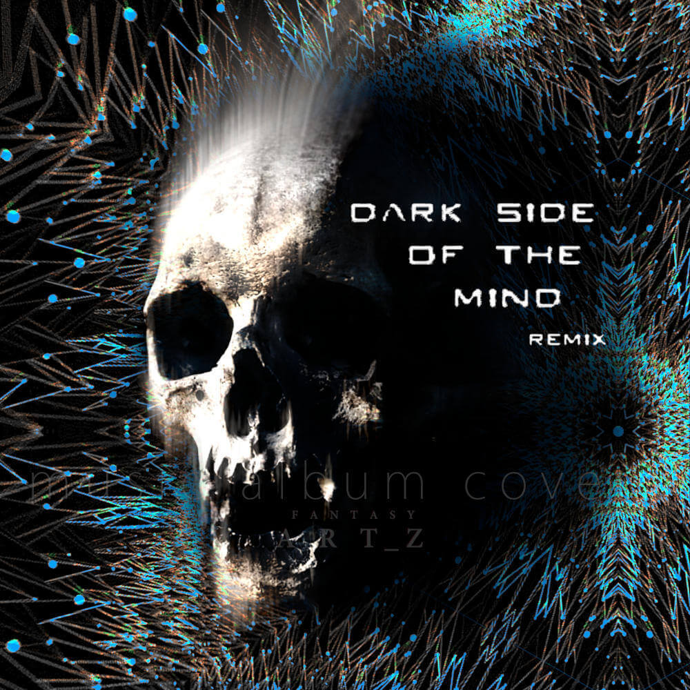 Dark electronic music album cover featuring skull with blue neural network patterns and 'Dark Side of the Mind Remix' text