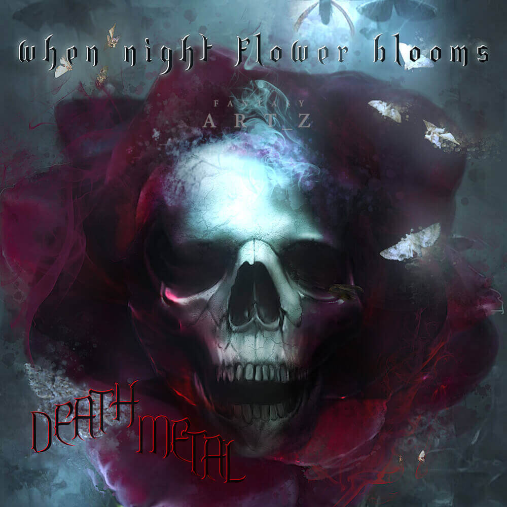 Dark skull album cover art with red and blue smoke effects, floating petals for death metal music with gothic typography