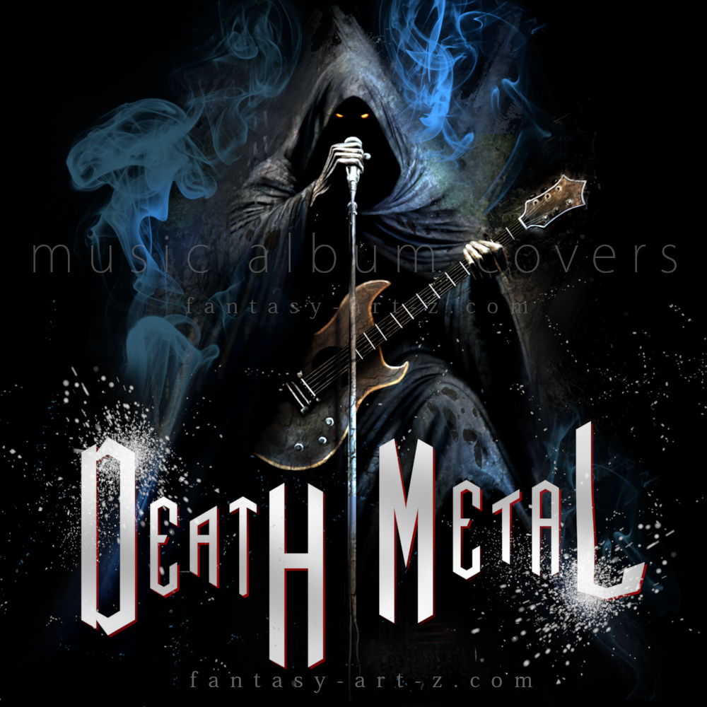 Premade music album cover featuring a hooded Grim Reaper with glowing eyes playing electric guitar surrounded by blue smoke on a black background
