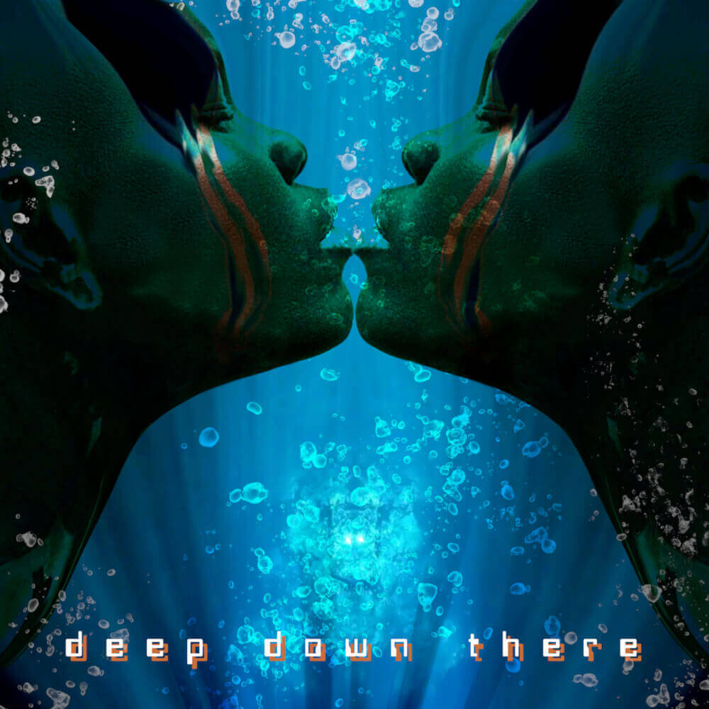Underwater album cover art with silhouettes diving toward bright blue depths, bubbles and aquatic atmosphere for ambient music