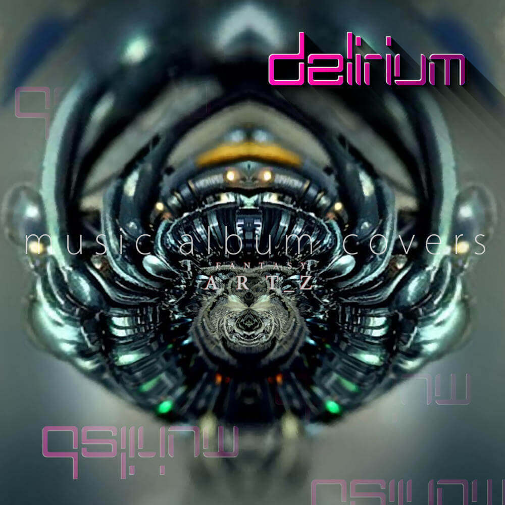 Electronic album artwork with futuristic metal corridor perspective and bright pink 'Delirium' title