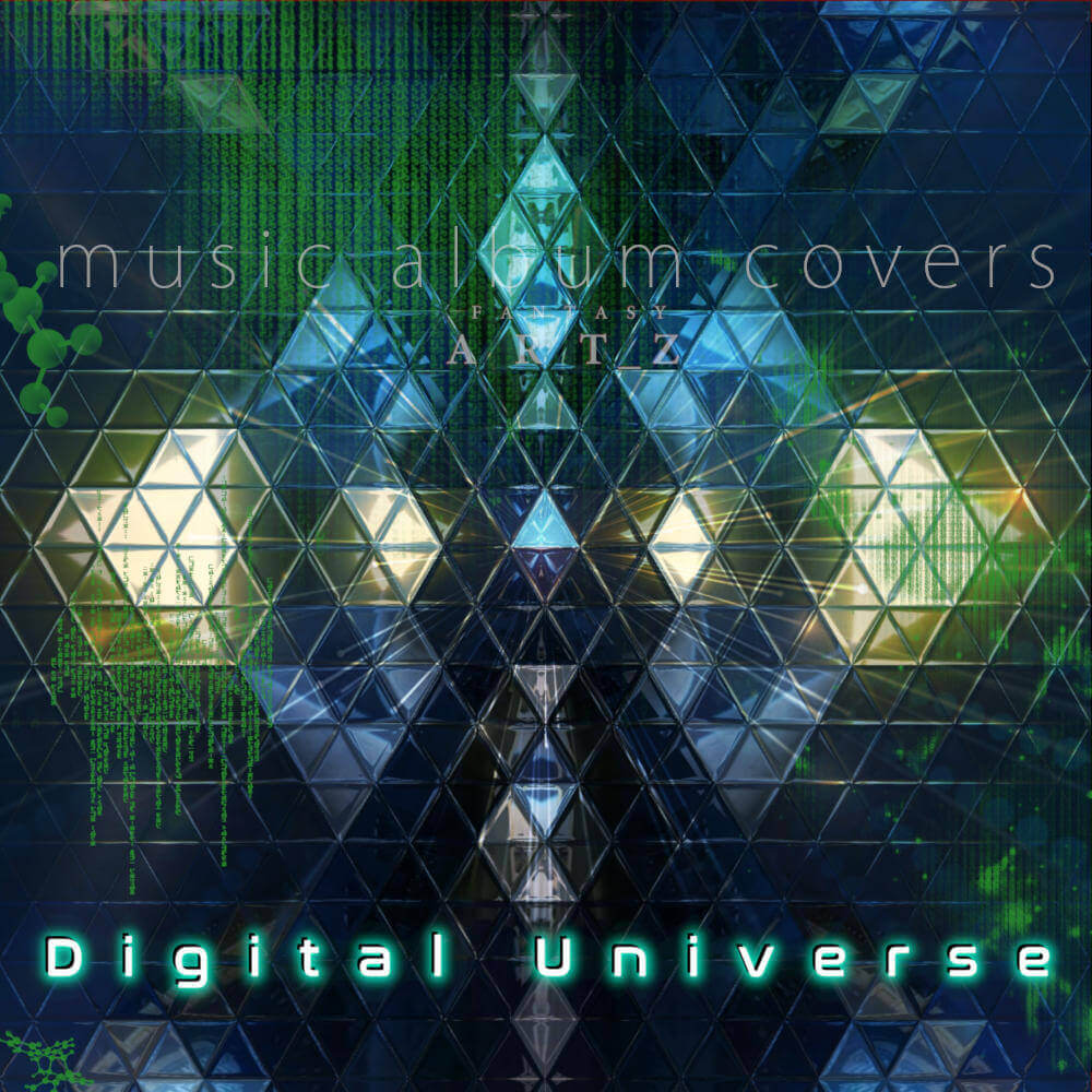 Digital Universe album cover - abstract geometric triangular pattern with Matrix-style green code and glowing effects