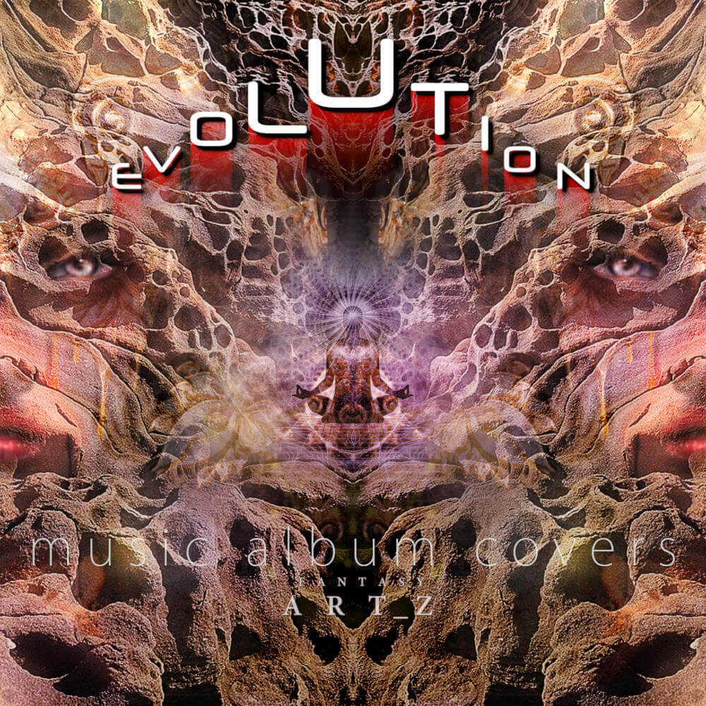 Evolution music album cover with surreal organic textures, symmetrical design, and psychedelic rock formations