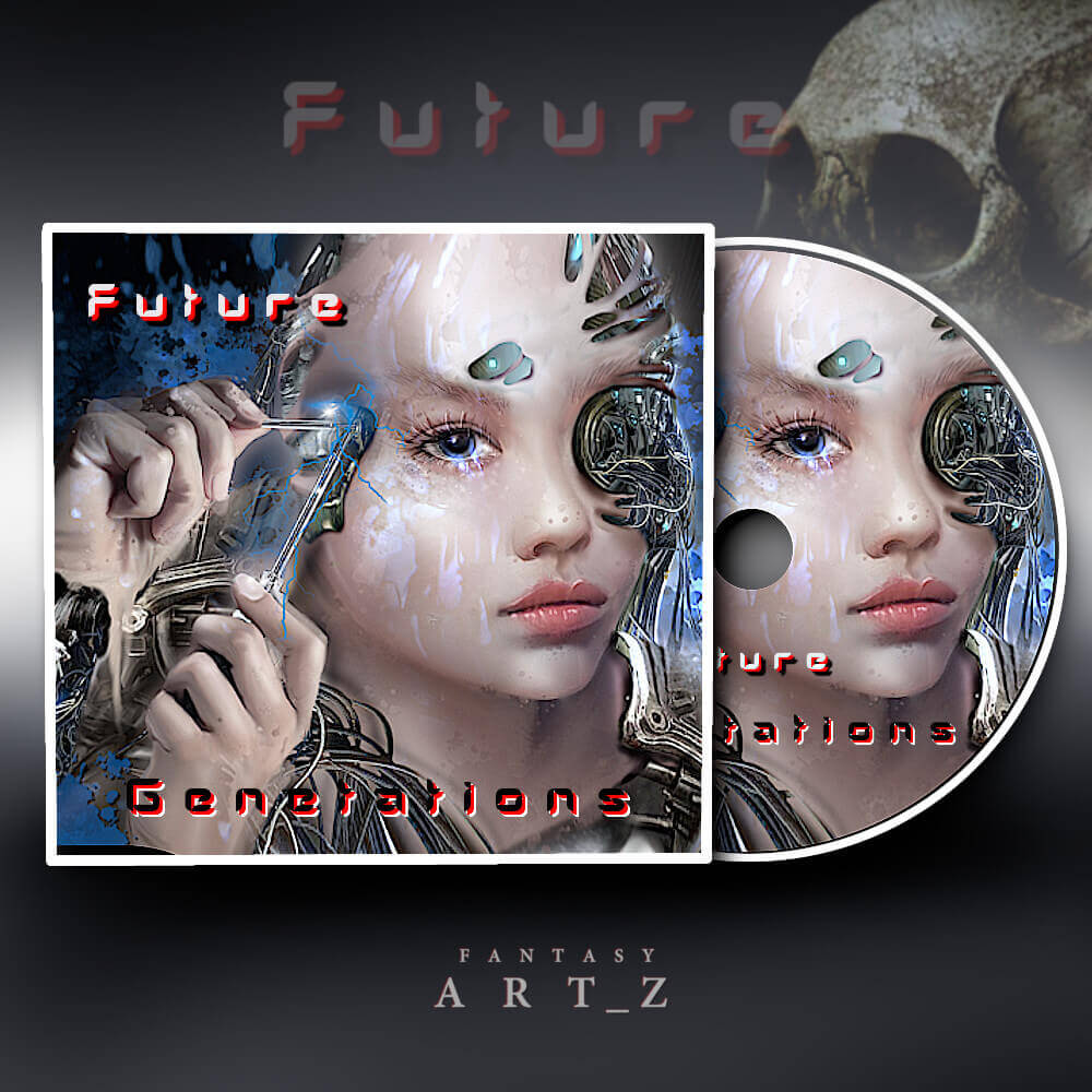 Sci-fi album cover featuring cyborg woman with mechanical brain implants and technological enhancements, titled Future Generations
