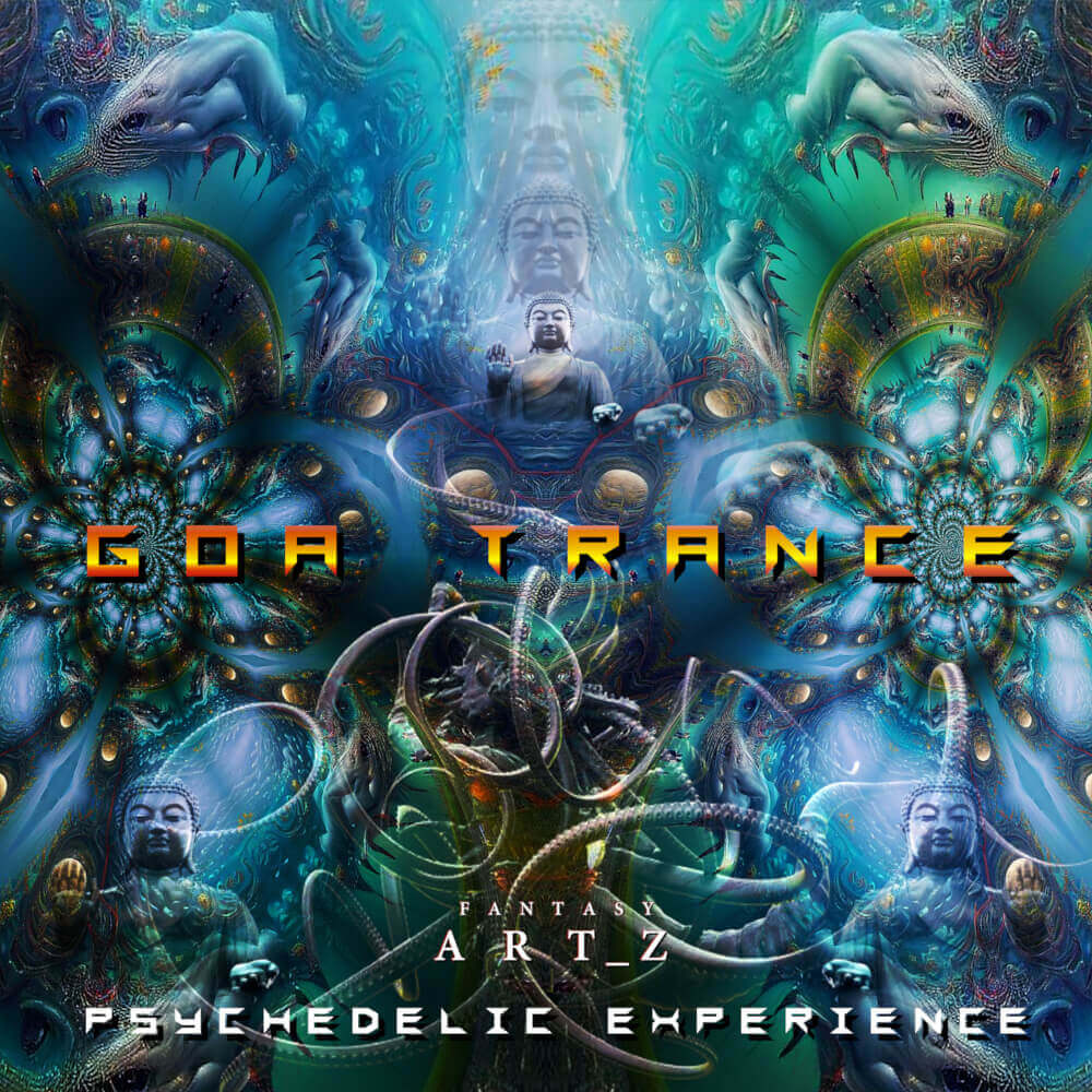 Premade music album cover design 'Goa Trance Psychedelic Experience' featuring Buddha figures, serpents, fractals, and blue-green kaleidoscope patterns