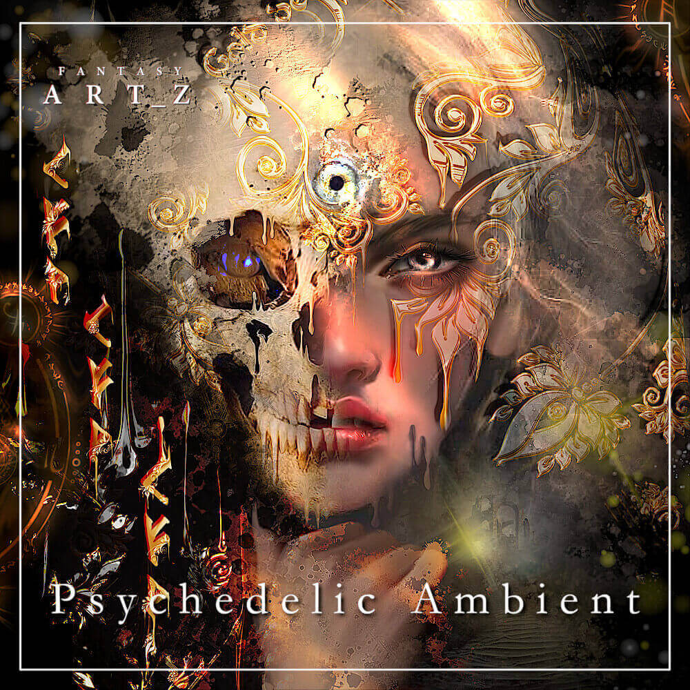 Psychedelic Ambient premade album cover with surreal woman portrait, golden ornamental swirls and skull elements