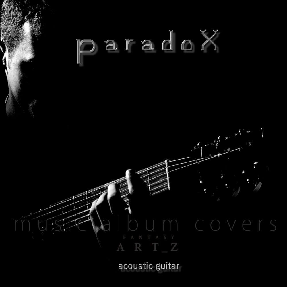 Paradox acoustic guitar music album cover with black and white minimalist design and guitar player silhouette