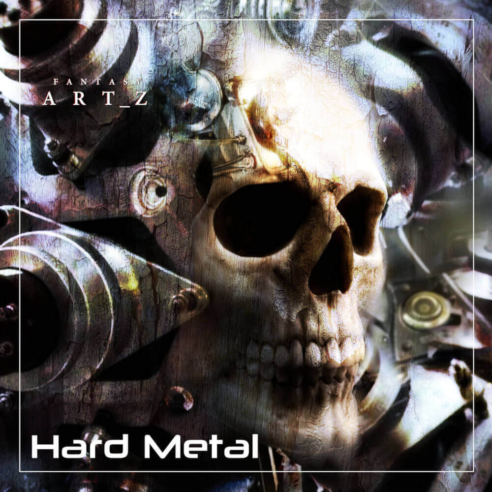 Dark metal album cover featuring weathered skull with horns and mechanical elements in grunge style, titled Hard Metal