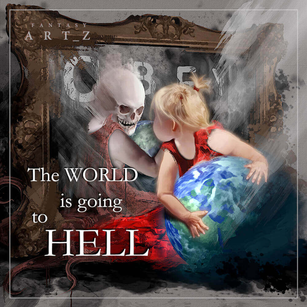 Apocalyptic music album cover art featuring skeleton and woman holding Earth globe in ornate vintage frame for dark alternative music