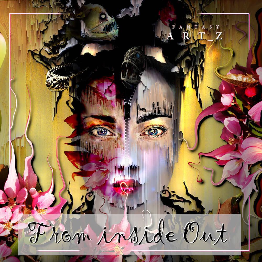 From inside Out album cover featuring woman's portrait with digital glitch effects, pink flowers and abstract paint textures