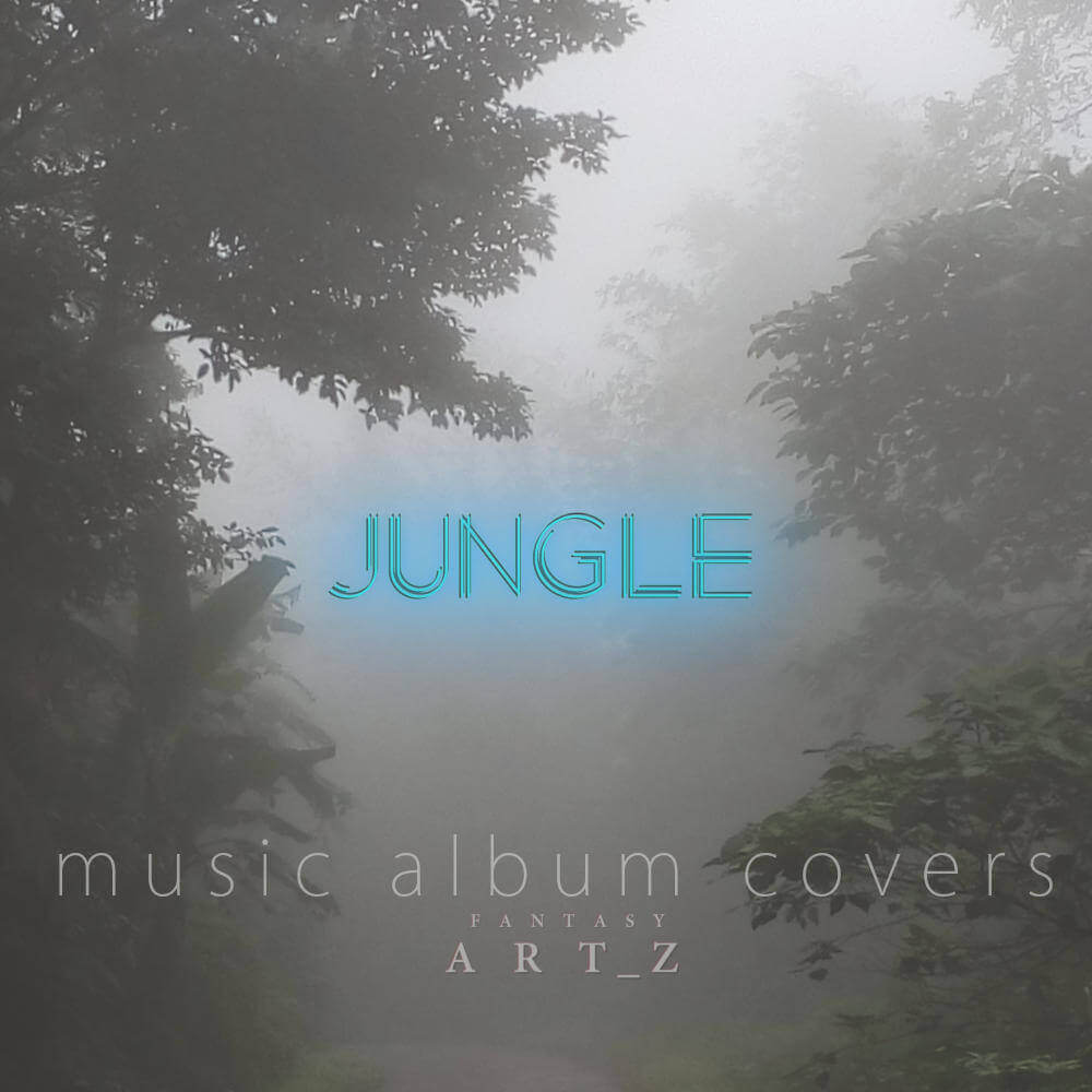 Jungle album cover with foggy tropical forest and neon typography