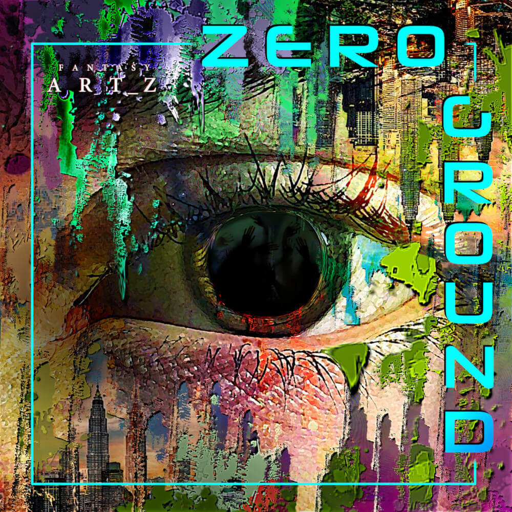 Zero Ground premade music album cover featuring large eye surrounded by urban graffiti textures and cityscape collage elements