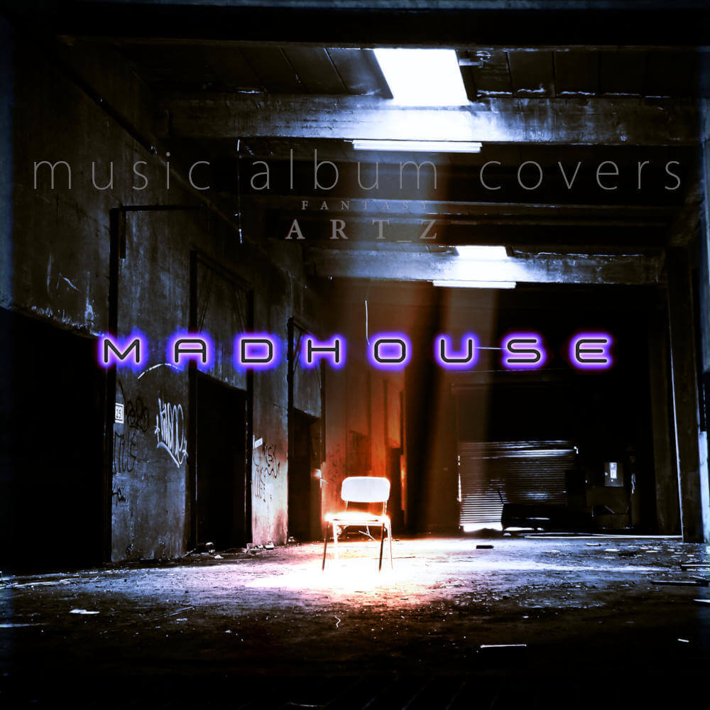 Madhouse music album cover featuring abandoned industrial interior with single chair and purple neon text lighting