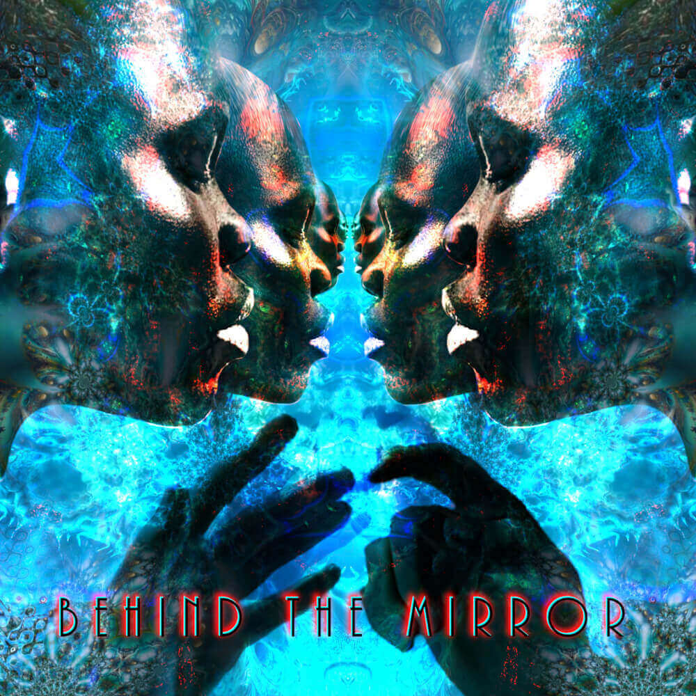 Behind the Mirror album cover featuring symmetrical kaleidoscopic abstract art in blue and multicolored patterns