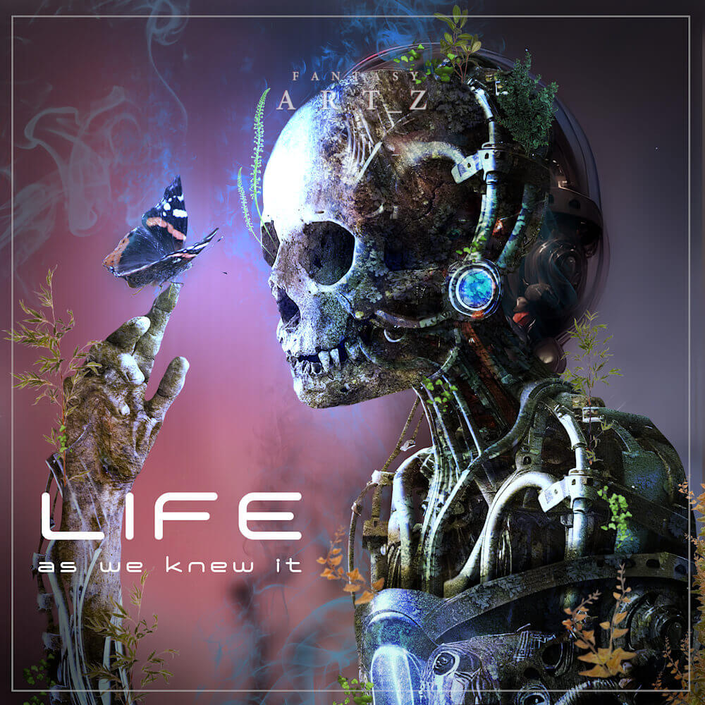 Dark sci-fi album cover featuring weathered cyborg skull with plants growing through technology against purple nebula background, titled Life As We Knew It