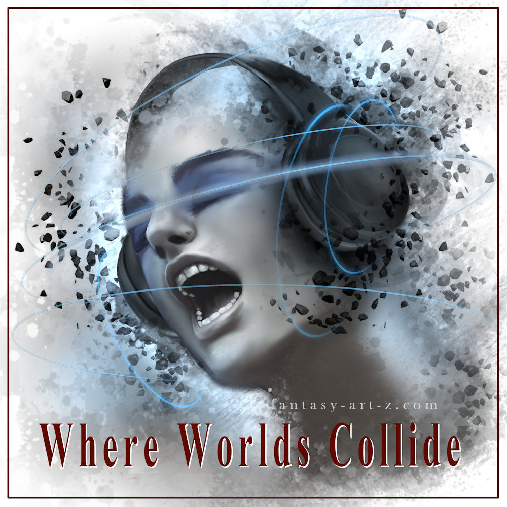 Premade music album cover featuring an artistic portrait of a woman's face with mouth open, wearing headphones, rendered in monochrome with blue geometric lines and scattered particle effects creating a surreal, fragmented aesthetic