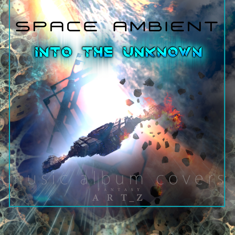 Into the Unknown fantasy music album cover featuring spaceship in cosmic sky with dramatic lighting and clouds